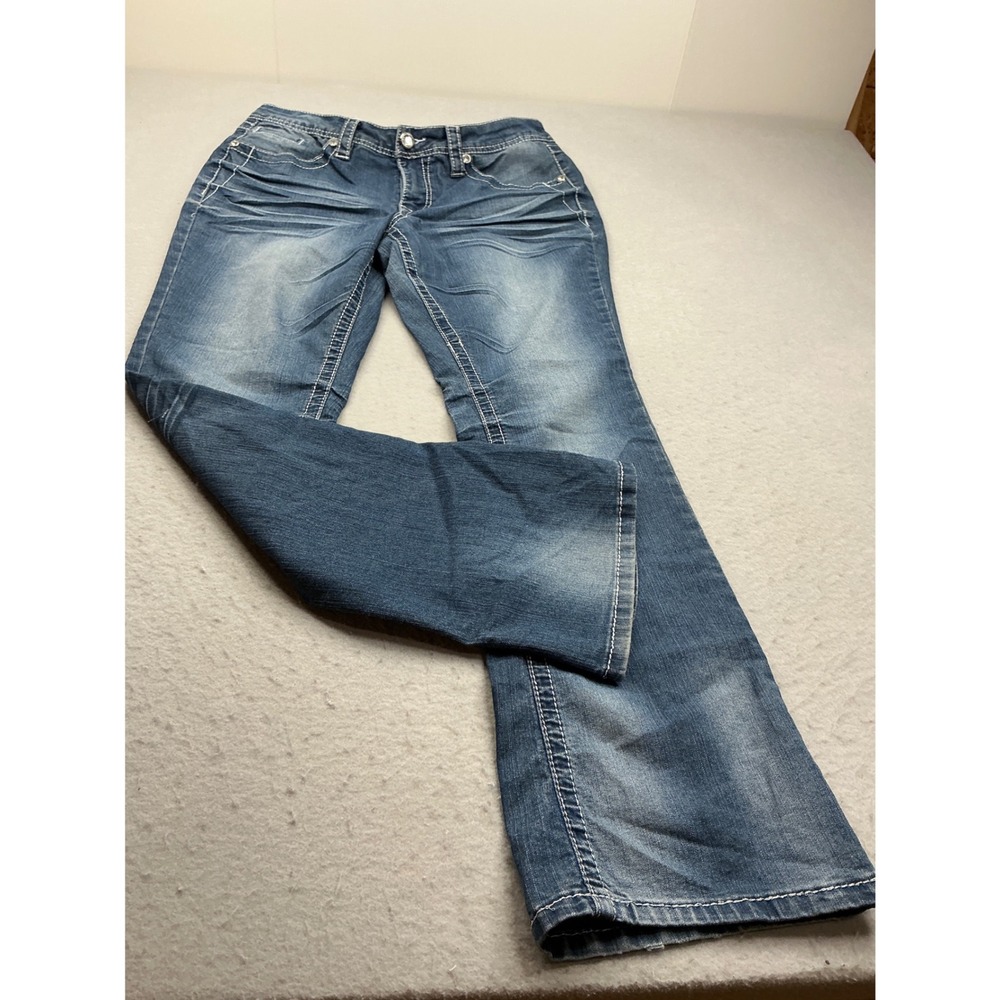 Royalty by YMI Y2K Bootcut Jeans Embroidered Rhinestone Pockets Size 12 Blue